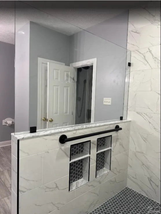 JDSBath double niche waterproof tile shower extra long custom grab bar glass frameless panel veteran bathroom remodel glen allen va
