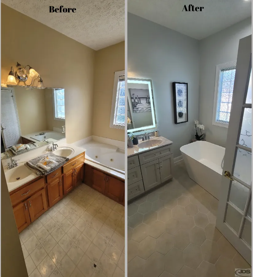 JDSBath garden tub to soaking bathtub new grey vanity mirror bathroom lights tile flooring chester va