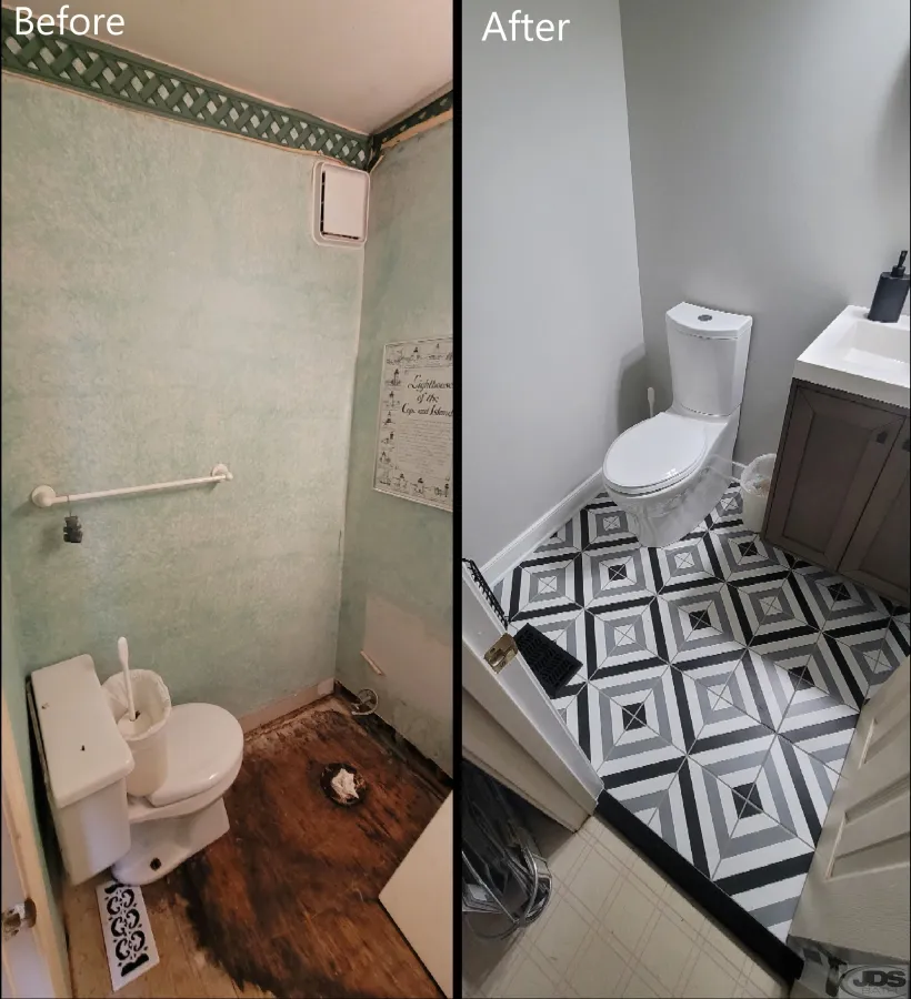 JDSBath half bath remodel new toilet tile floor old leaking toilet centeral va