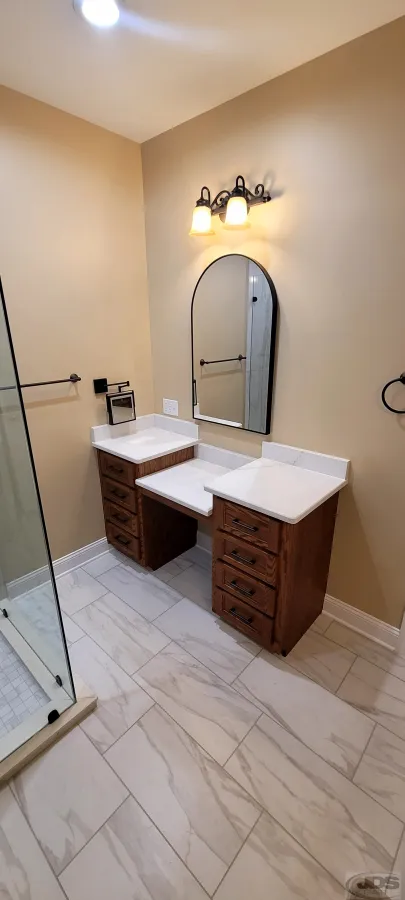 JDSBath make up area mirror lights large bathroom tile floor chester va