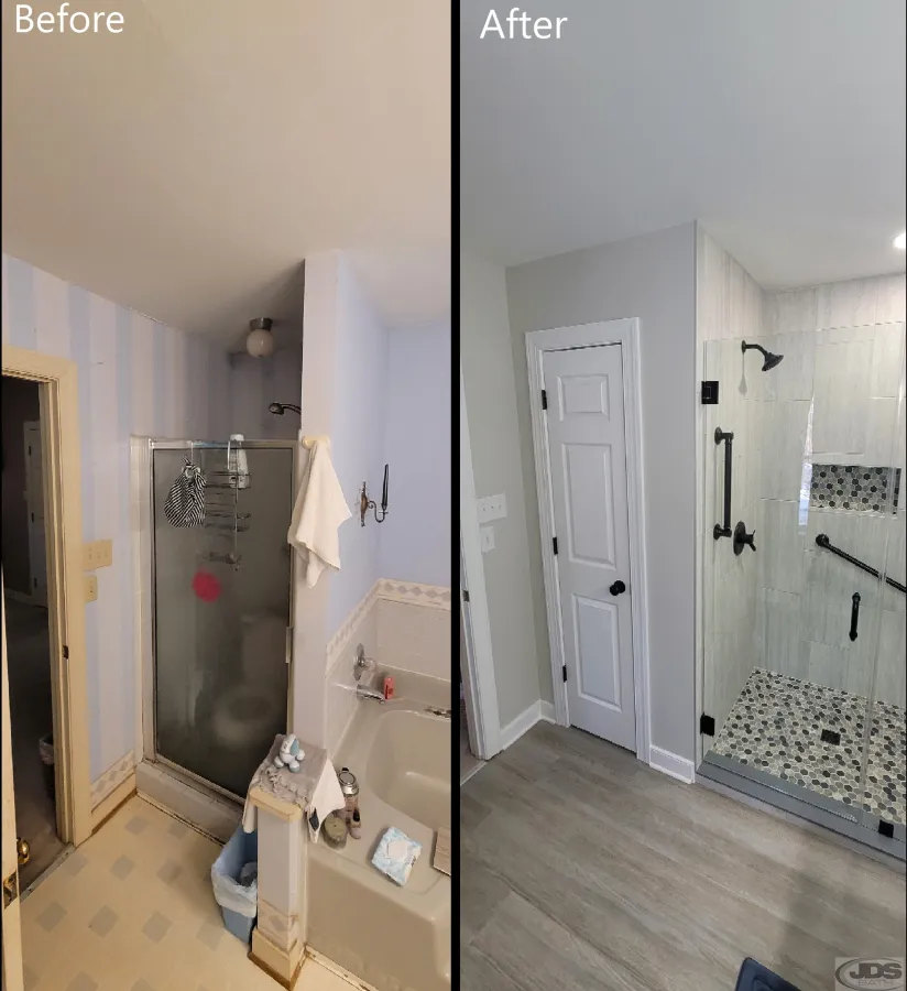JDSBath master bathroom remodel small shower and garden tub replaced with closet tile walk in shower centeral va