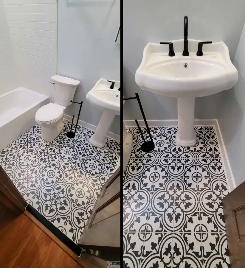 JDSBath monochromatic bathroom remodel acrylic bathtub surround pedestal sink