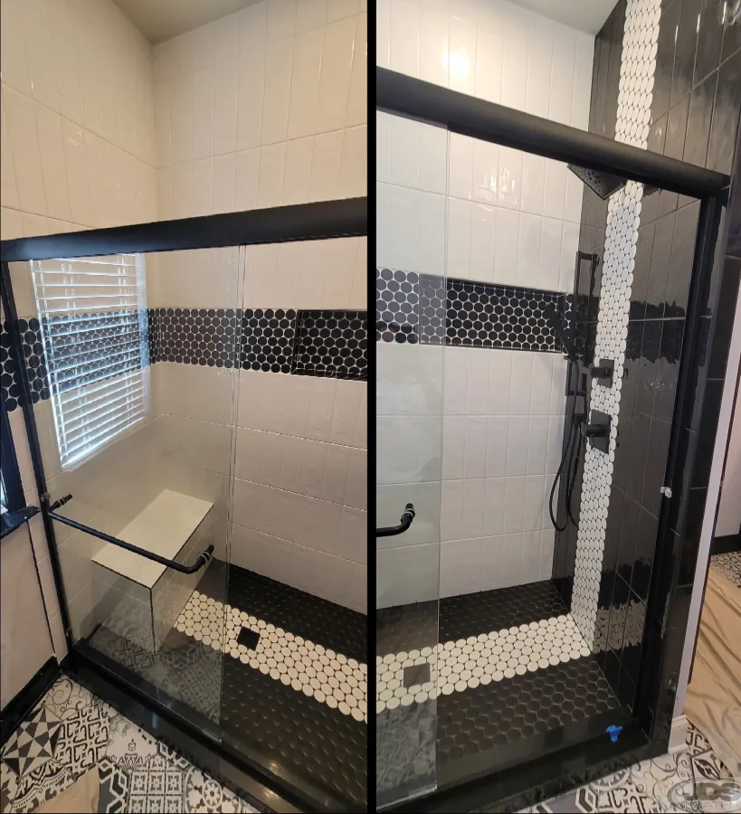 JDSBath monochromatic tile shower semi frameless bypass glass door richmond va