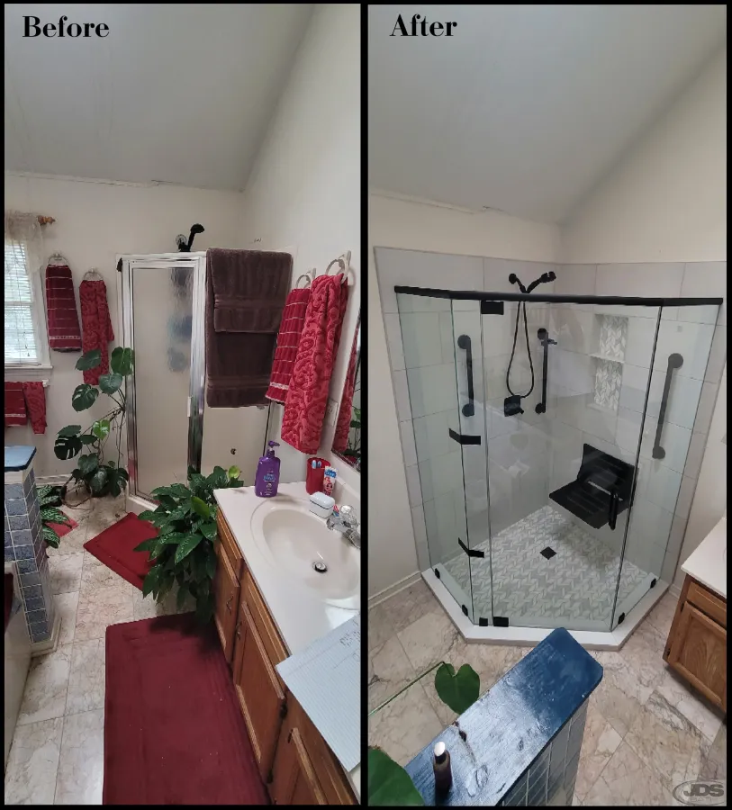 JDSBath neo angle shower replacement tile folding bench hand held showerhead on vertical bar and additional holder centeral va