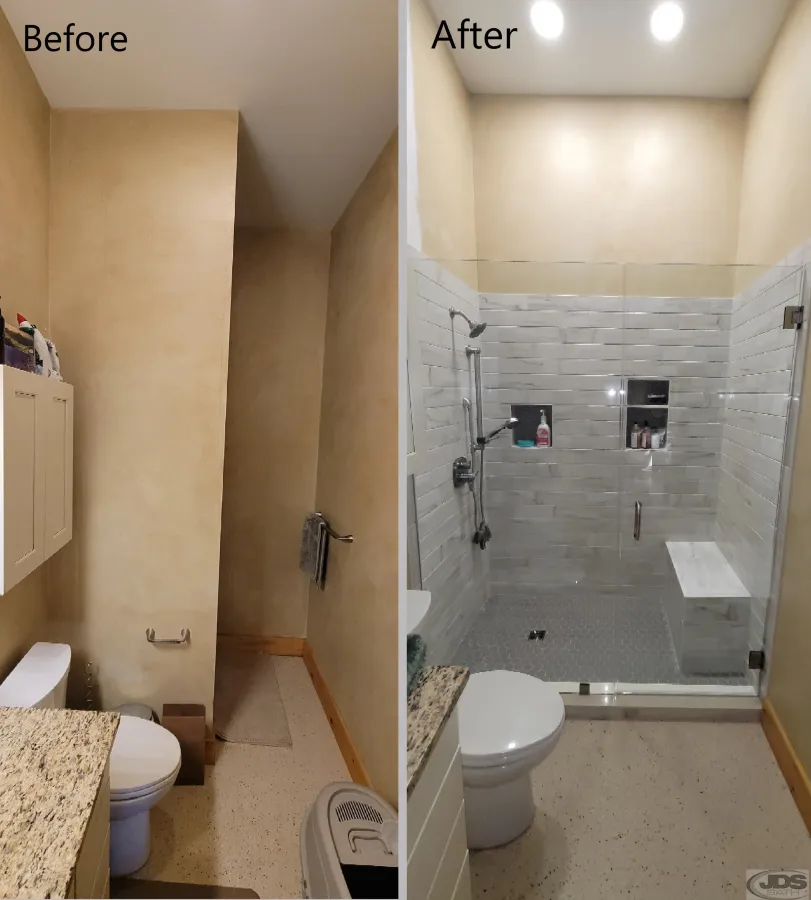 JDSBath removed wall bathroom remodel tile shower toano va