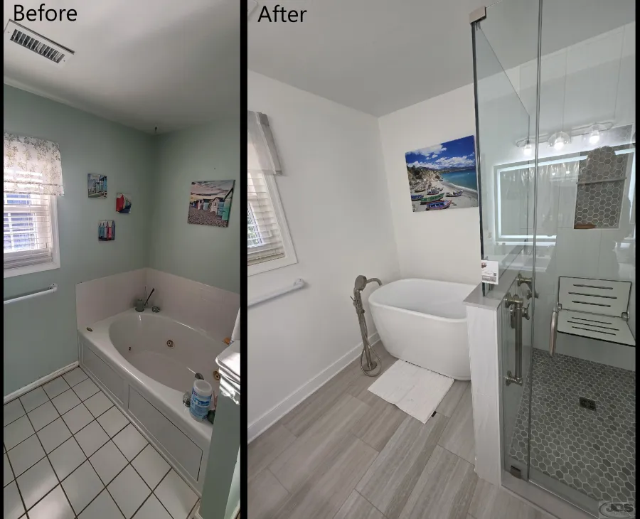 JDSBath replace bathtub with free standing bathtub removed knee wall replaced flooring sherwin williams paint chester va