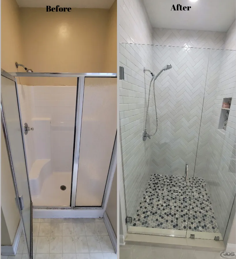 JDSBath shower replaced with herringbone subway mosaic tile shower tile niche hand held showerhead chester va