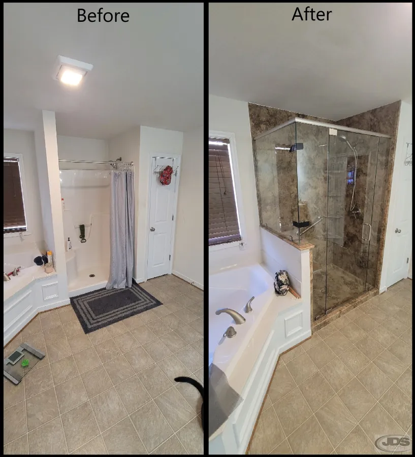 JDSBath shower replacement full wall acrylic walk in shower with glass enclosure knee wall centeral va