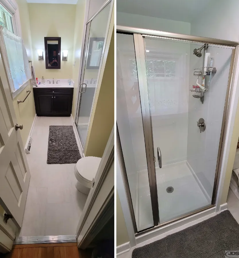 JDSBath small bathroom remodel vanity marble sink mirror small acrylic walk in shower toilet richmond va