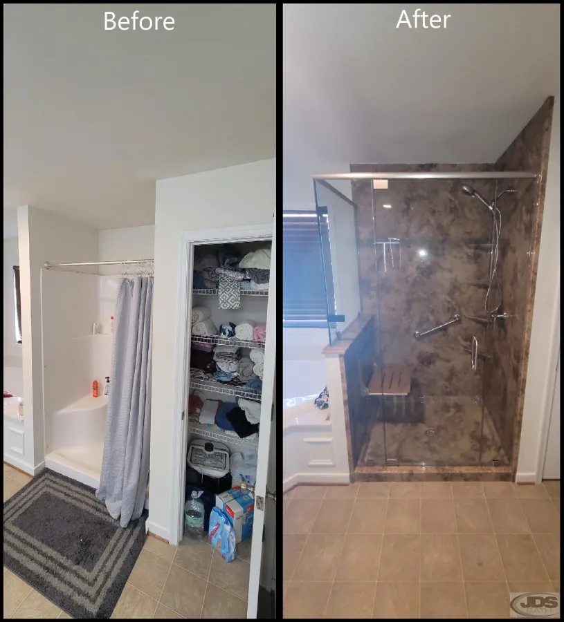JDSBath small shower replaced with acrylic walk in shower glass door full wall folding bench centeral va