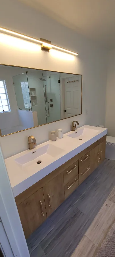 JDSBath tan vanity brass fixtures mirror chester va