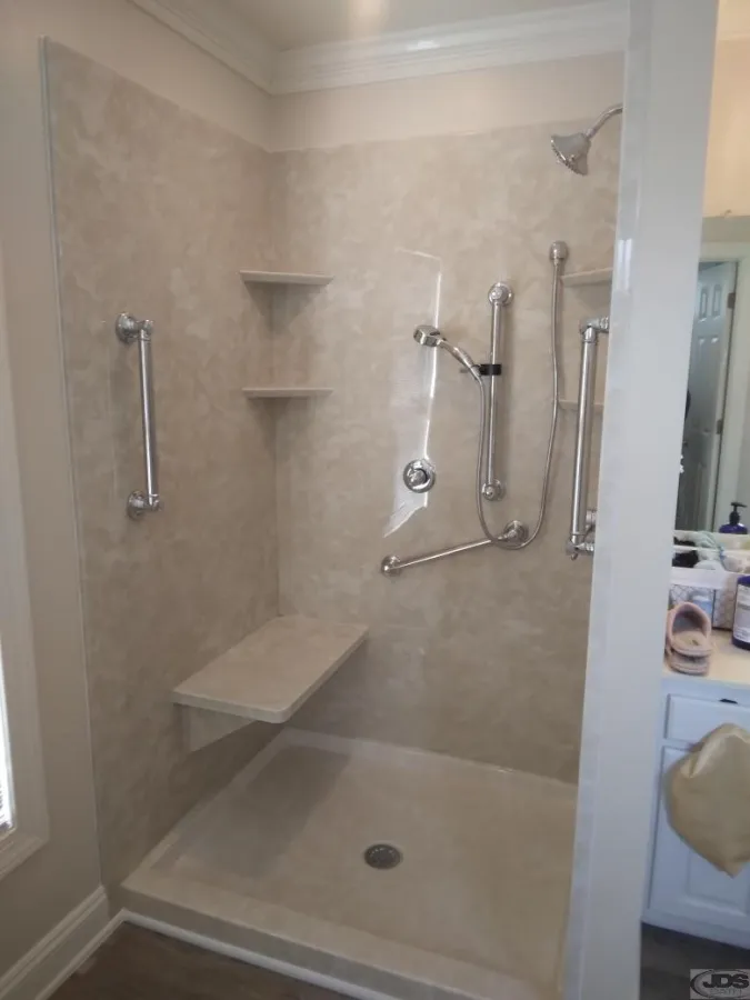 JDSBath tan walk in acrylic shower stationary bench custom mounted shelves hand held showerhead chester va