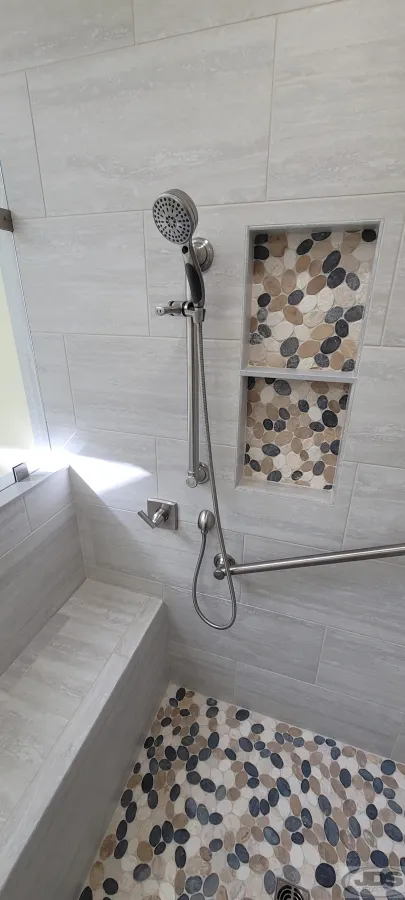 JDSBath tile shower bench hand held showerhead niches henrico va
