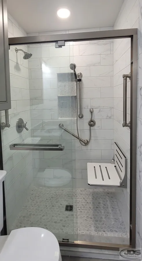 JDSBath tile shower full wall folding bench two showerheads niche chesterfield va