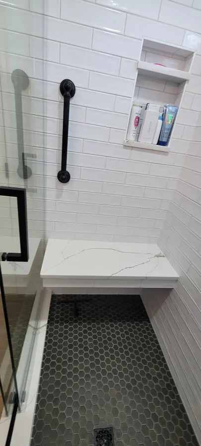 JDSBath tile shower mounted bench niche grab bar midlothian