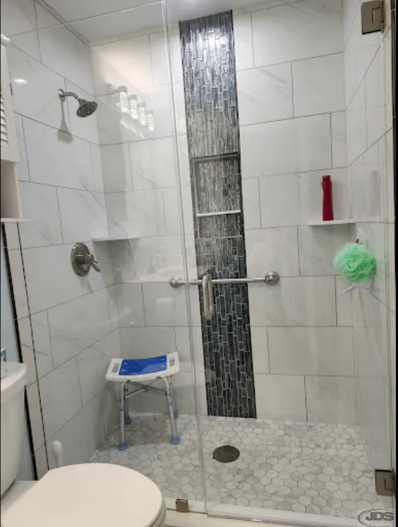 JDSBath tile shower water fall tile effect glass door panel richmond va