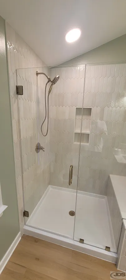 JDSBath tile walk in shower knee wall bench niche frameless glass enclosure and door midlothian va
