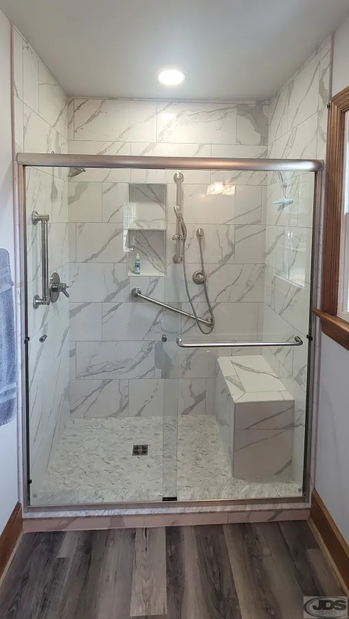 JDSBath tile walk in shower marble stationary bench chester va