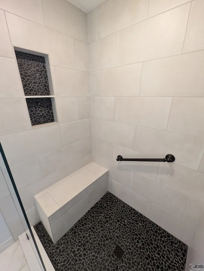 JDSBath tile walk in shower with bench and niche morris tile ferguson chester va