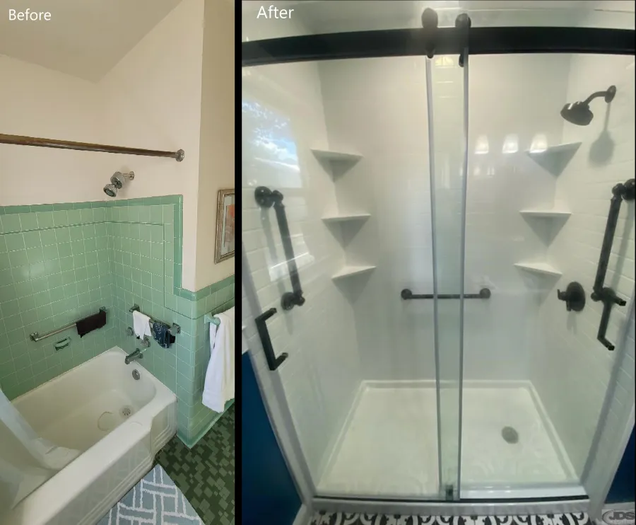 JDSBath tub to shower conversion acrylic walk in shower with semi frameless barn door style glass door centeral va