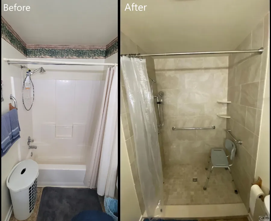 JDSBath tub to shower conversion tile walk in shower removable bench church hill va