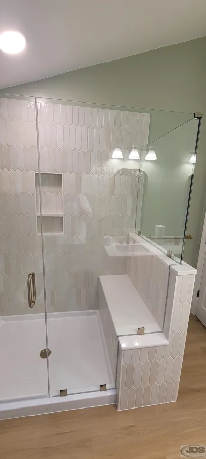 JDSBath walk in tile shower knee wall bench glass enclosure frameless door and panels niche midlothian va