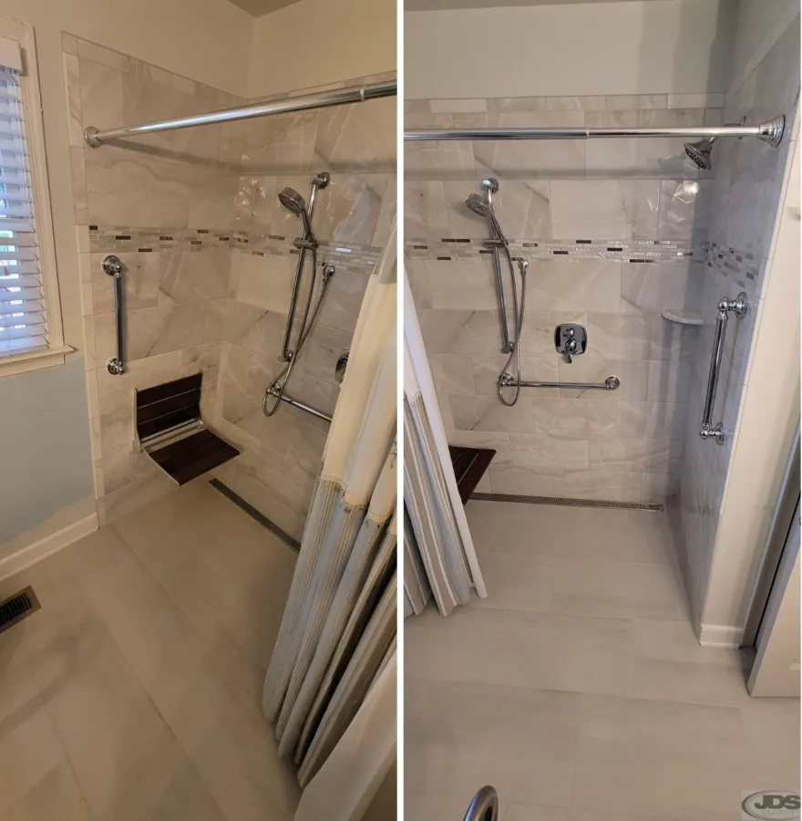 JDSBath zero entry tile shower with linear drain ada accessible roll in folding bench henrico va