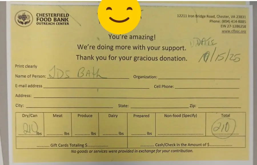 JDS Bath 2025 Fall Food Drive donation receipt chesterfield food bank outreach center va
