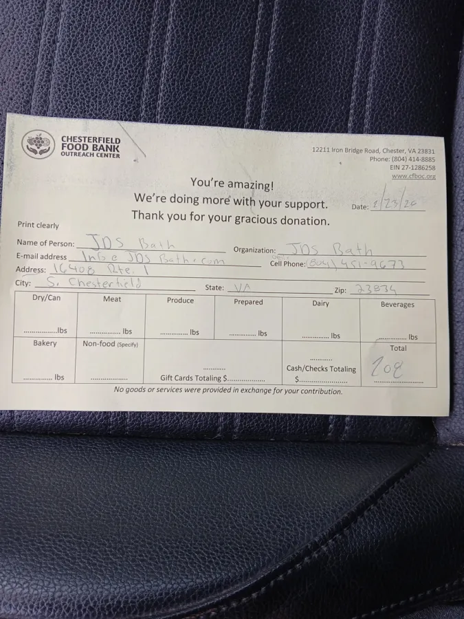 JDS Bath winter 2026 food drive receipt chesterfield food bank outreach center virginia