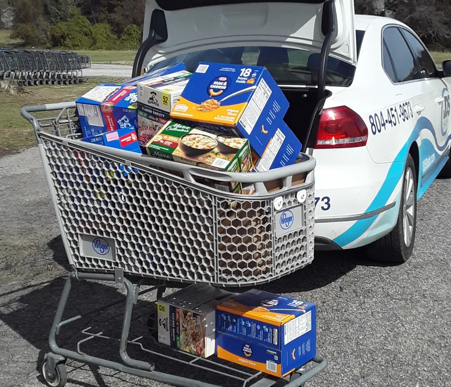 JDSBath cart stuffed with donations from food drive for chesterfield food bank outreach center chesterfield,va