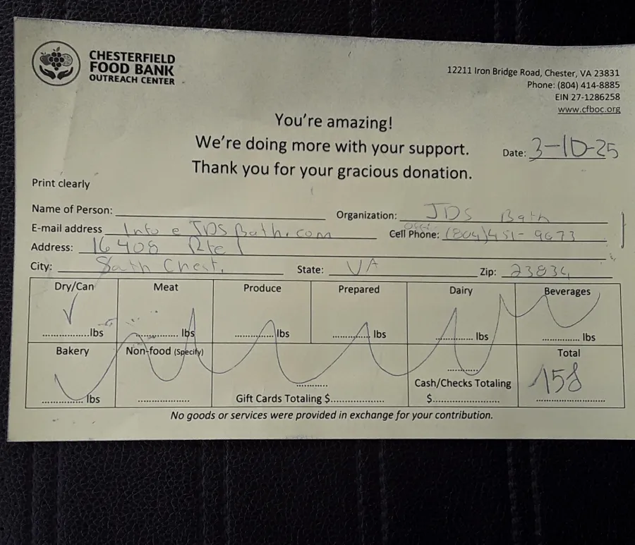JDSBath donation receipt for winter 2025 food drive for chesterfield food bank outreach center centeral va