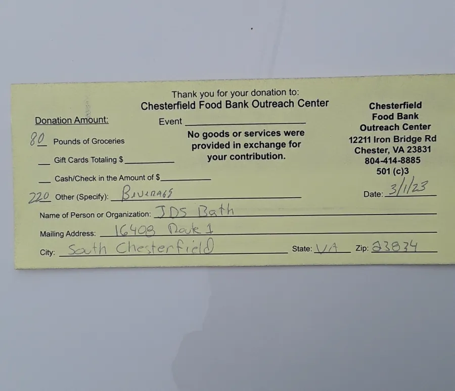 JDSBath donation receipt winter 2023 chesterfield food bank outreach center