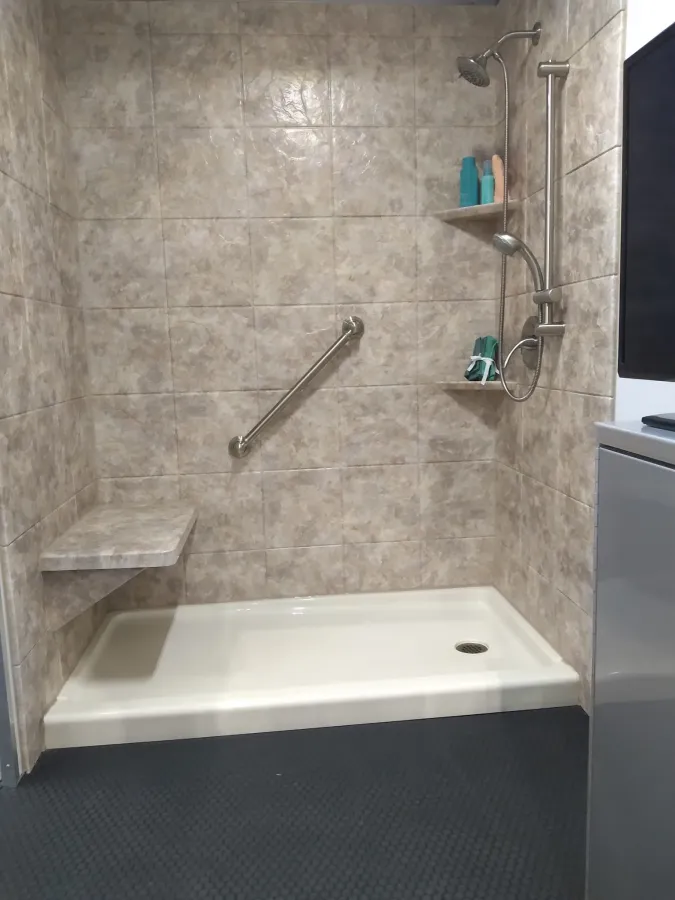 JDSBath acrylic walk in shower mounted bench grab bars mobile showroom richmond home + garden show 2023
