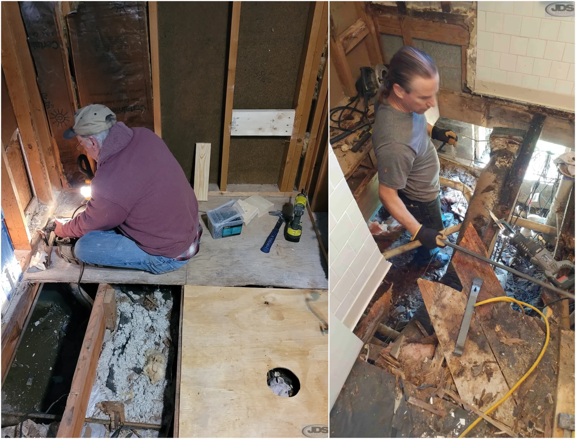 Crew adding bathroom overlays during a bathroom remodeling project
