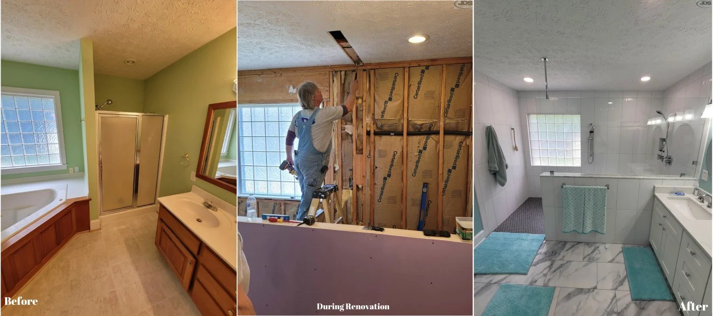 Three photos of before and after a bahttub renovation