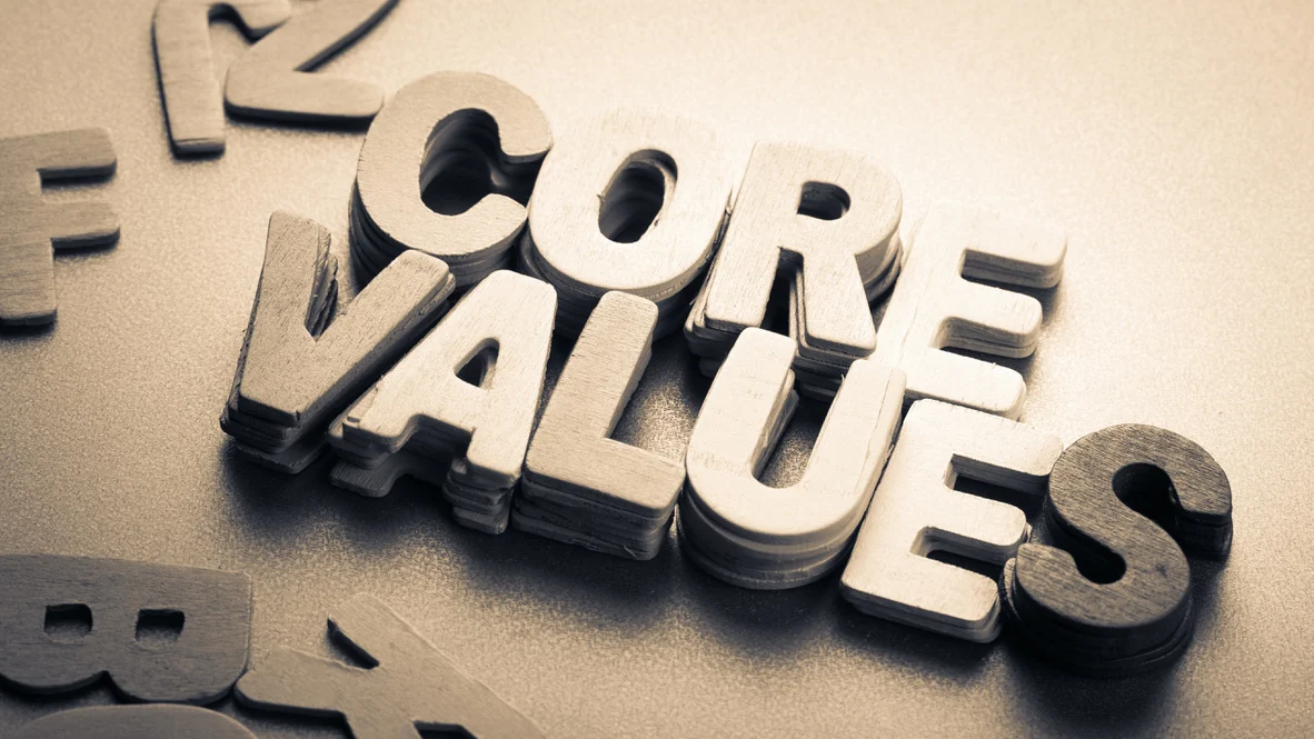 “Core Values’ spelled out in bronze metal