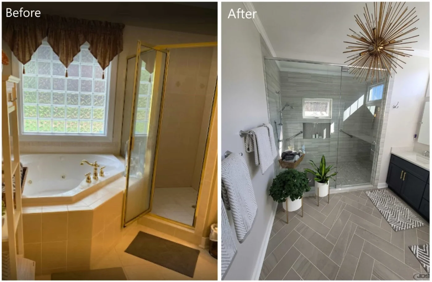 JDS-Bath-garden-bathtub-and-small-shower-to-large-herringbone-tile-shower-chesterfield-va