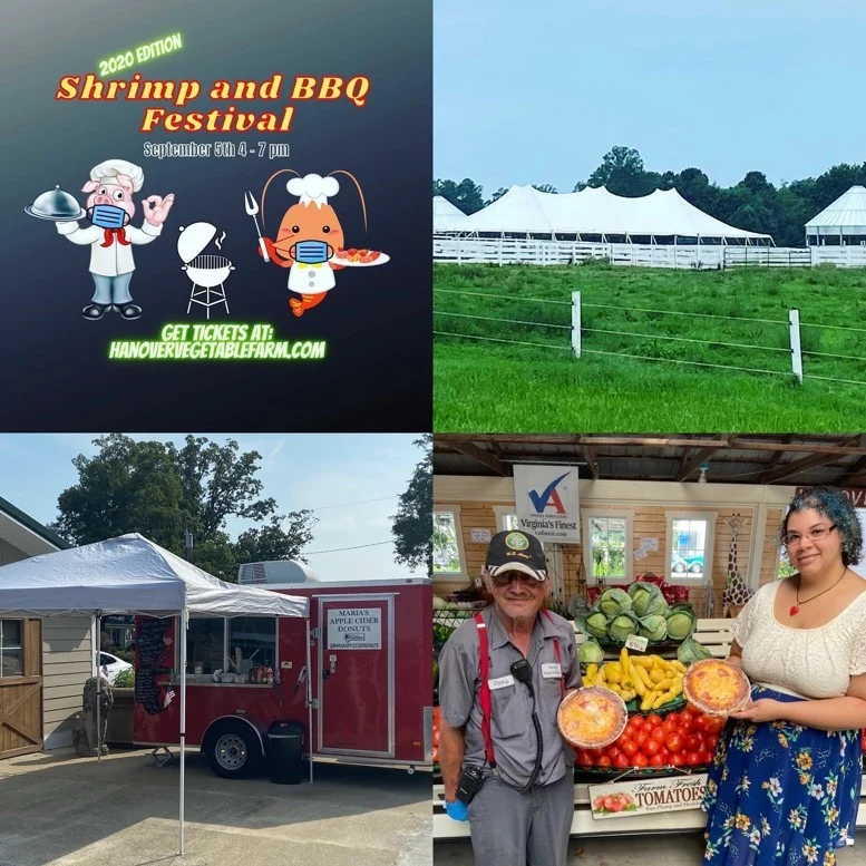 Collage of tents, Maria’s Apple Cider Donuts, Virginia’s Finest vegetables.