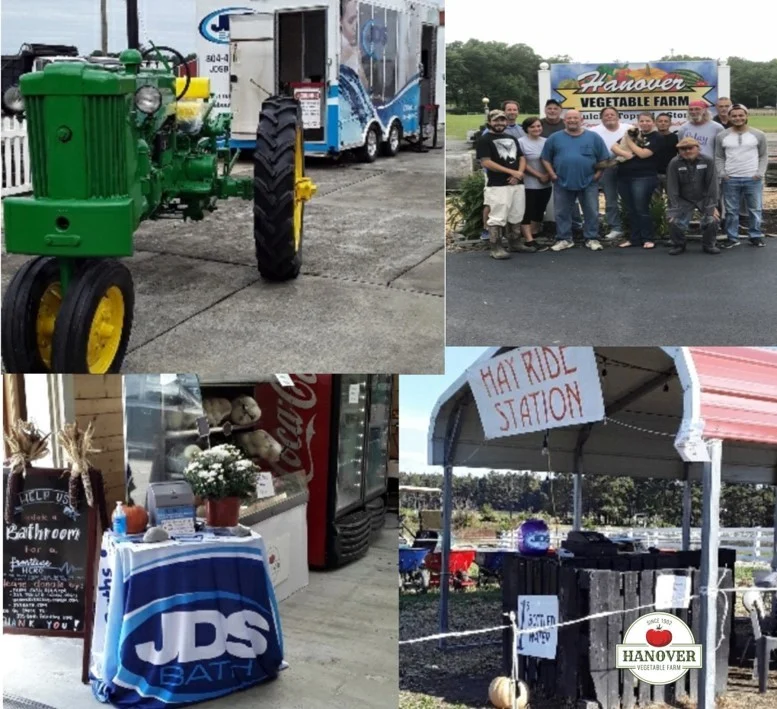 Collage featuring a tractor, Hanover Vegetable Farm crew, JDS Bath fundraising table, and a hay ride station.