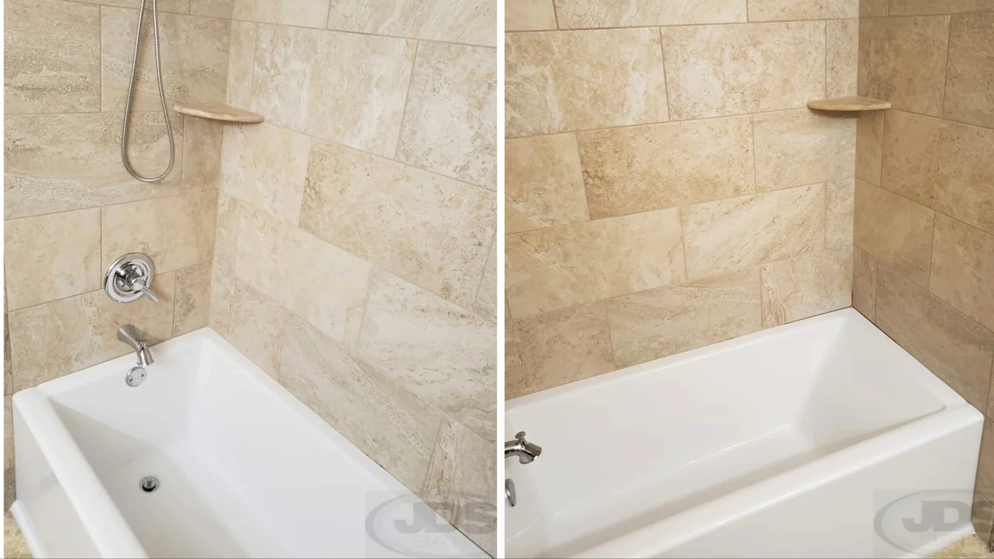 An acrylic bathtub with a tile surround and shelving