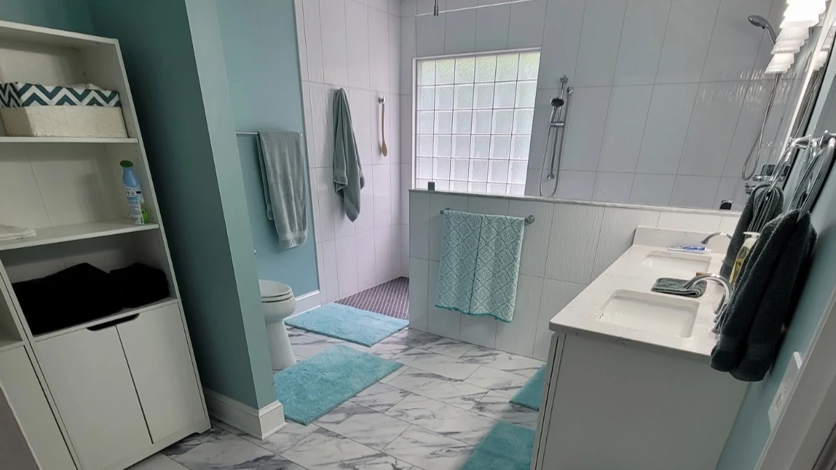 Jdsbath After Bathroom Remodel Tile Floor Shelving Tile Walk In Shower Double Vanity Midlothian Va 1