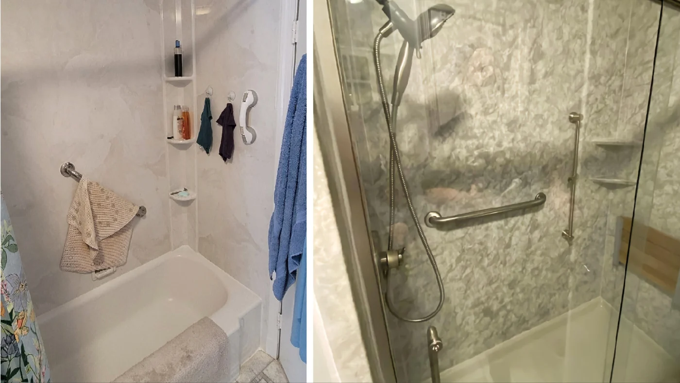 A before picture of a bathtub liner and an after picture of an acrylic shower