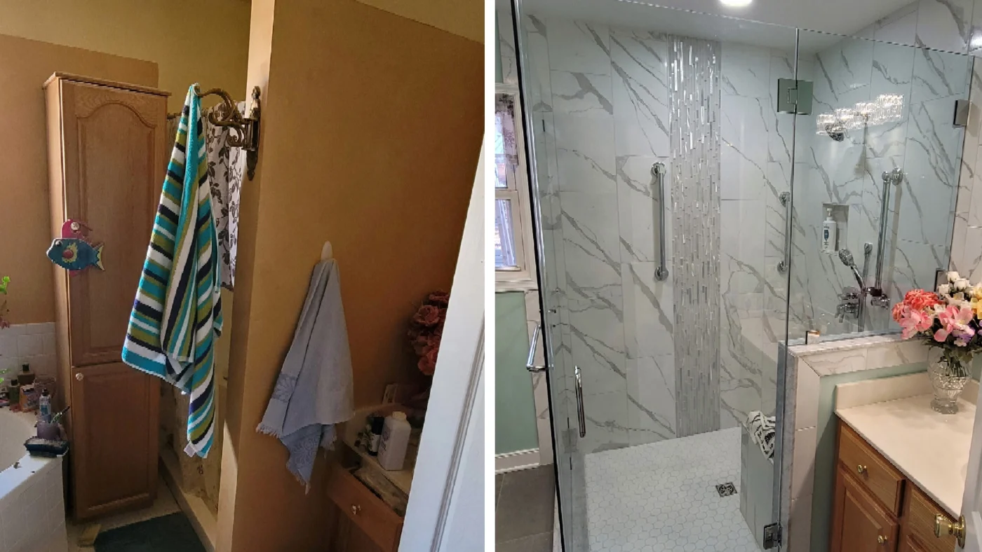 A shower replacement with the wall removed and tile