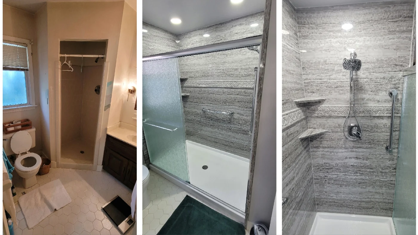 A shower enlargement with a full wall of acrylic, shelving, and a handheld showerhead