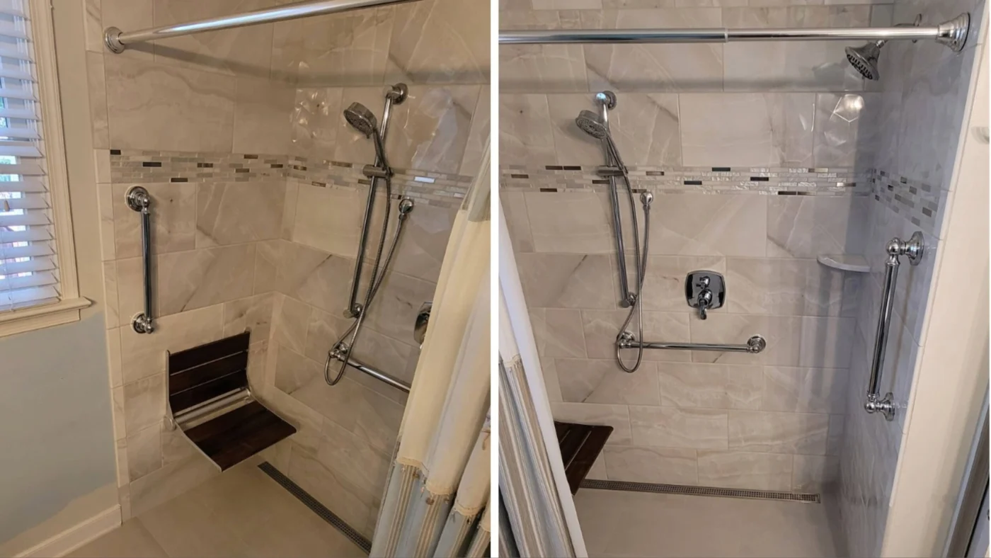 A zero-entry tile shower with a linear drain and ADA accessible roll-in flooring