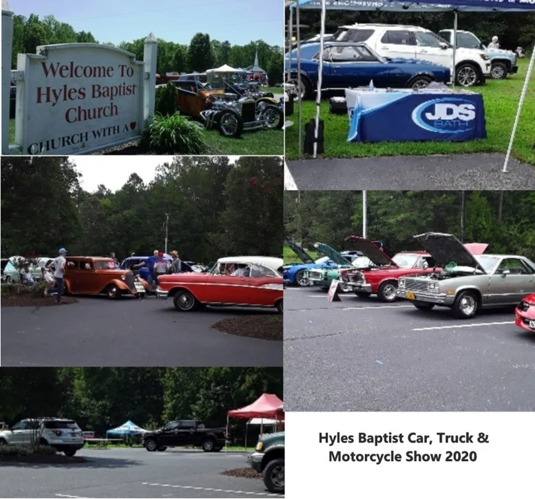 Collage with Hayes Baptist Church sign, JDS sign on outdoor table, and classic cars gathered in a parking lot.