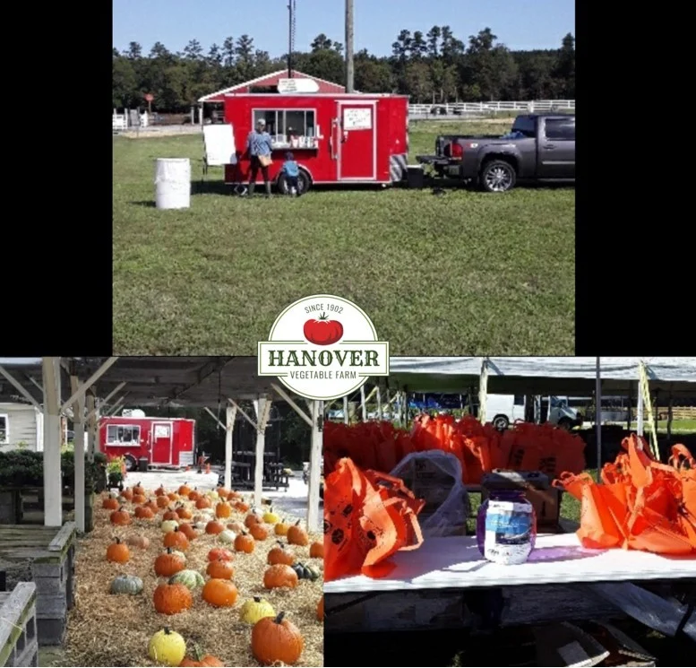 Collage of pumpkins, gift bags, and a food truck at the JDS Bath Frontline Hero Fundraiser.