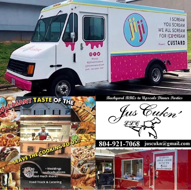 Collage with JiJi ice cream truck, catering services, Maria’s apple cider donuts, and Jus Cukn’ BBQ at the frontline hero fundraiser.