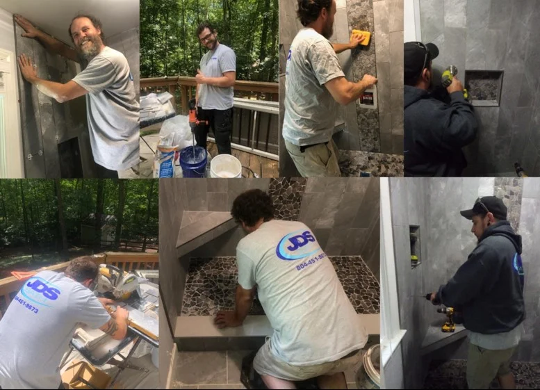 Collage of JDS Bath workers renovating a frontline hero’s bathroom.