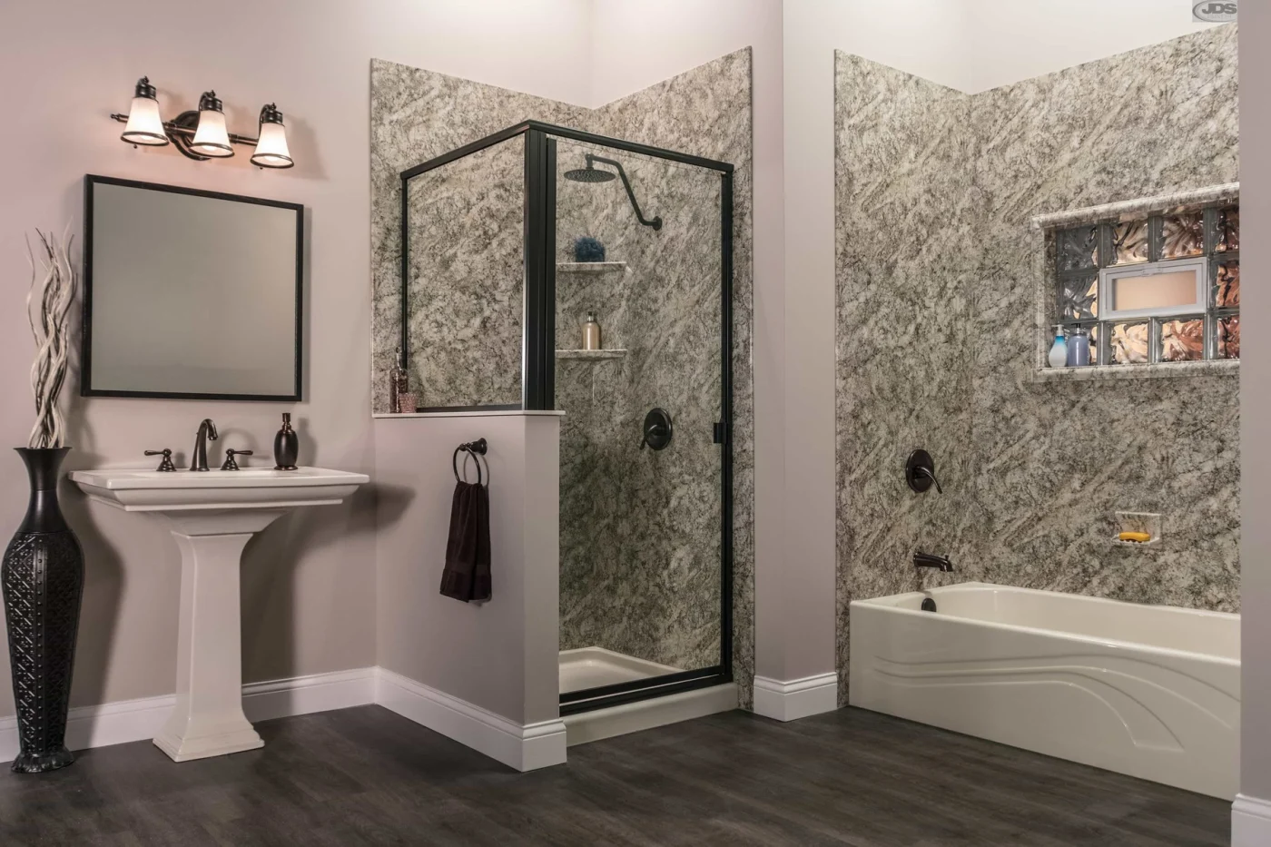 A new bathroom with a sink, mirror, and shower